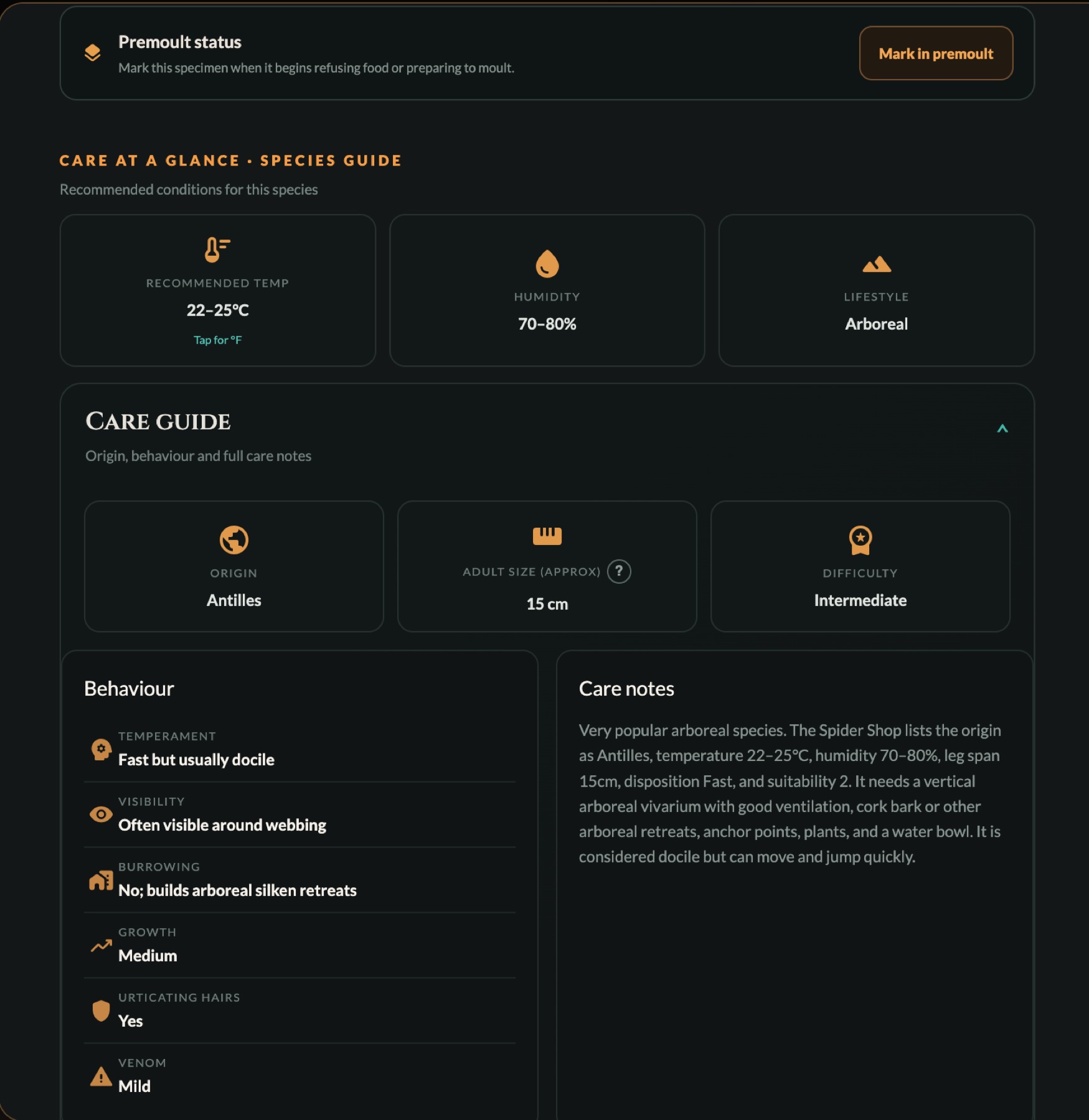 ArachniDex specimen care guide showing temperature, humidity, lifestyle and husbandry notes