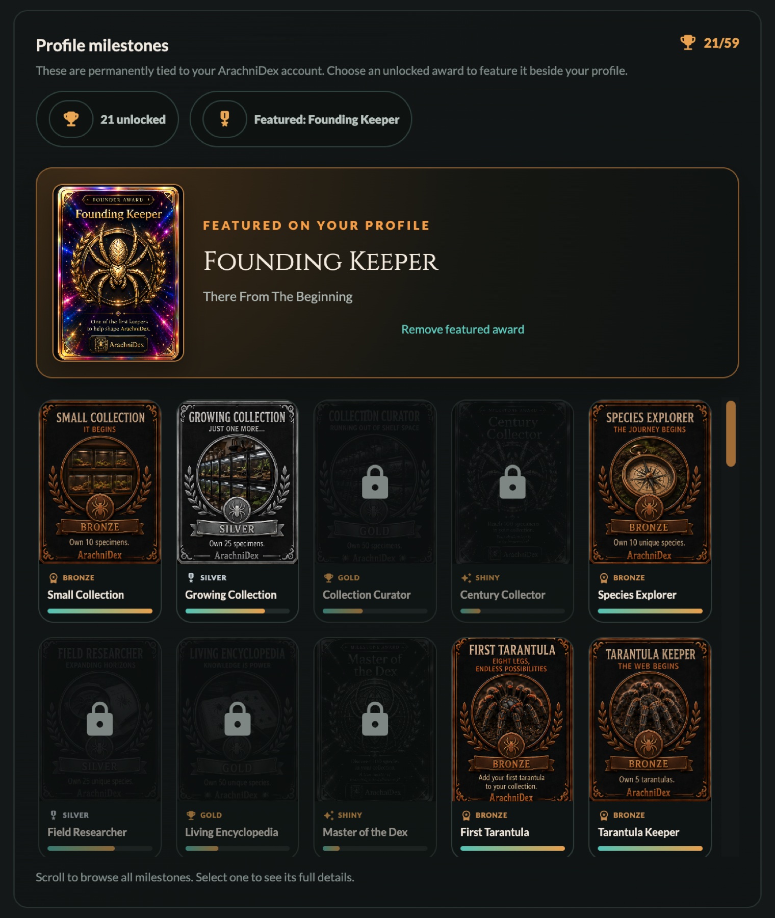 ArachniDex profile milestones with unlocked and in-progress keeper awards