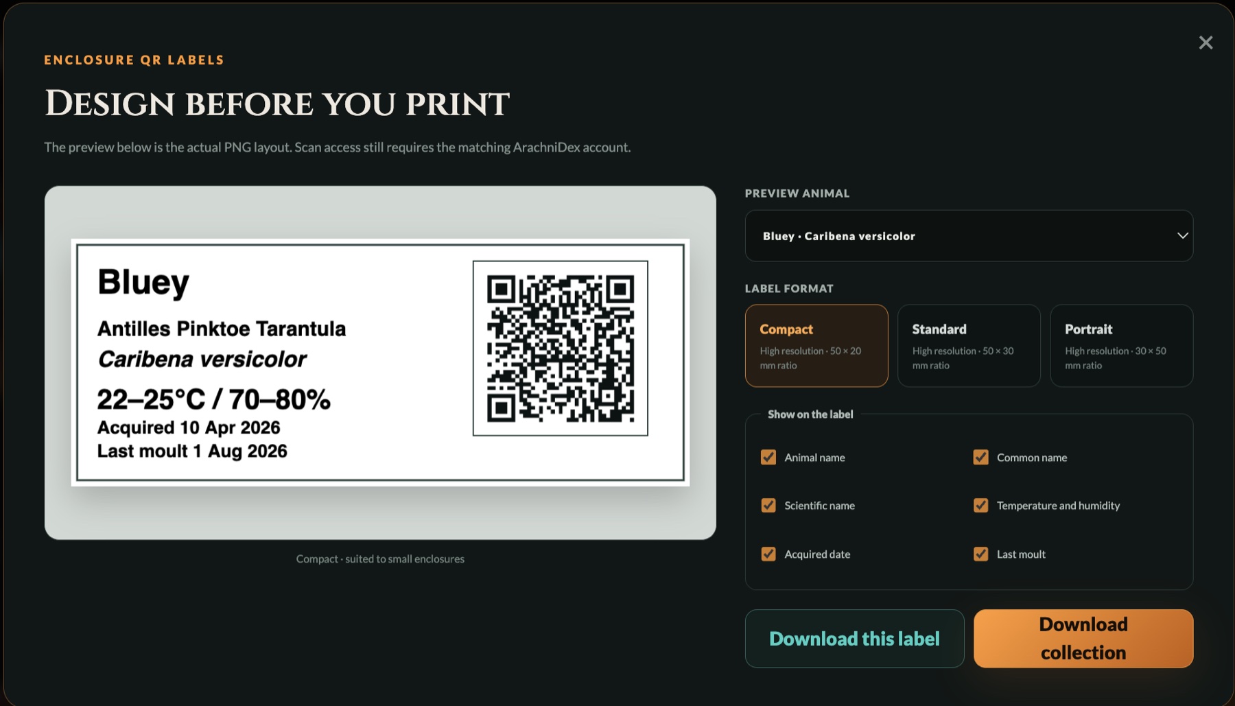 ArachniDex QR enclosure label designer showing a printable label for Bluey