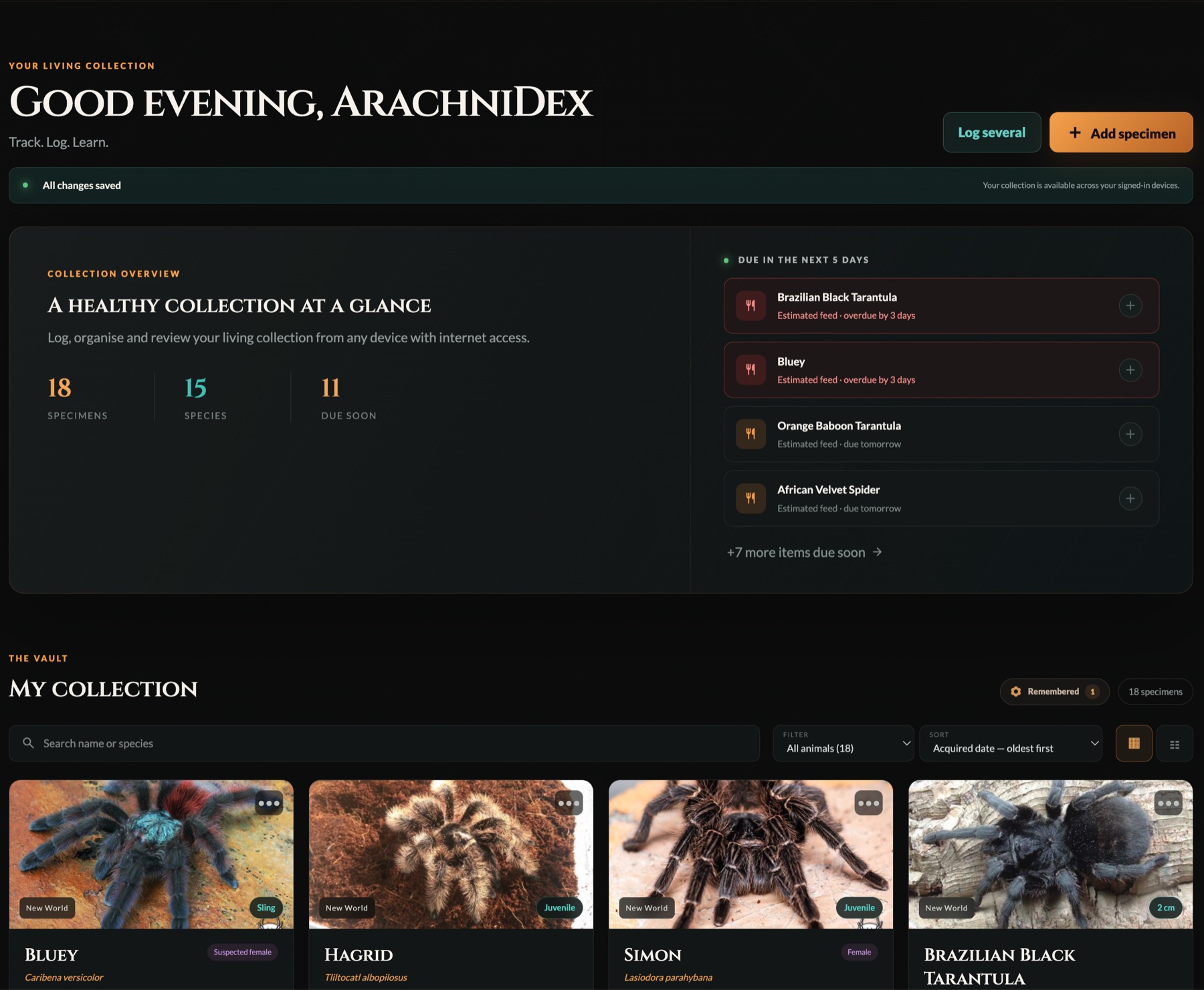 ArachniDex dashboard highlighting overdue and upcoming feeding reminders
