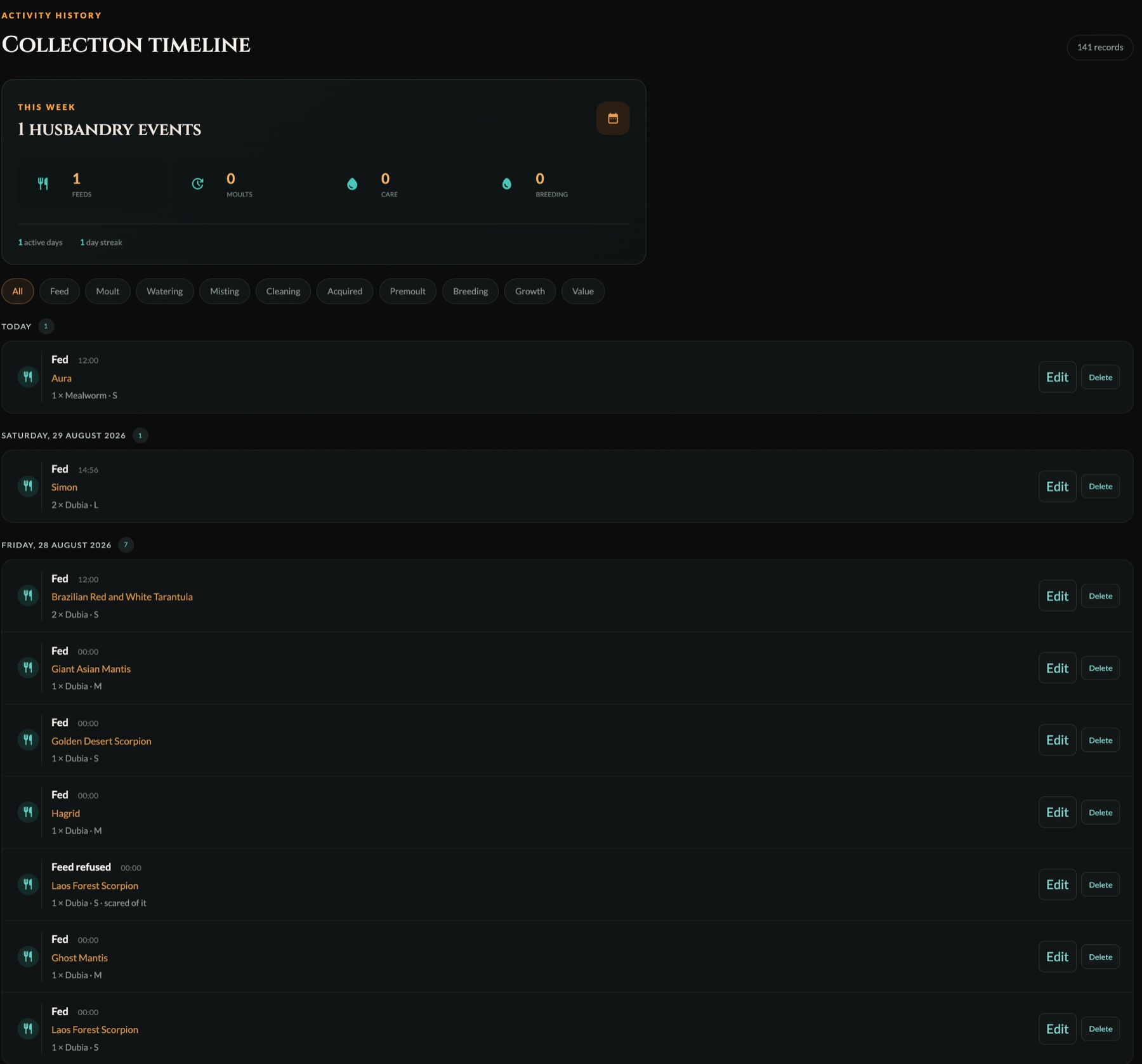 ArachniDex collection timeline showing 141 husbandry records and event filters