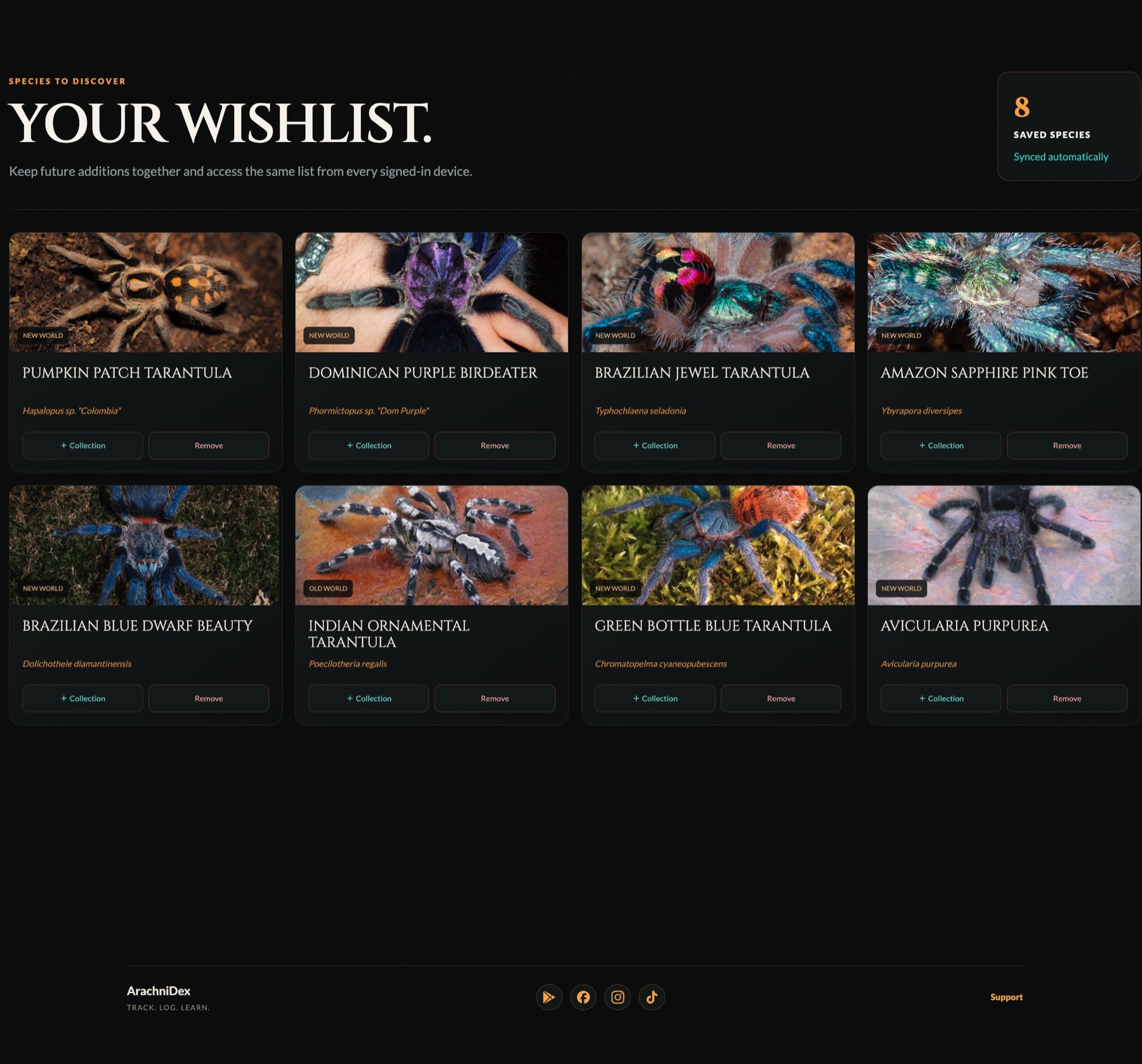 A populated ArachniDex wishlist showing eight saved tarantula species